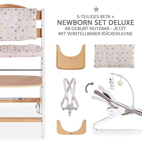 Hauck Beta Plus Newborn Set Deluxe - Trona evolutiva con Hamaca reclinable y móvil, cojín y bandeja - Trona bebe convertible- Silla Trona Madera haya - Blanco/Natural