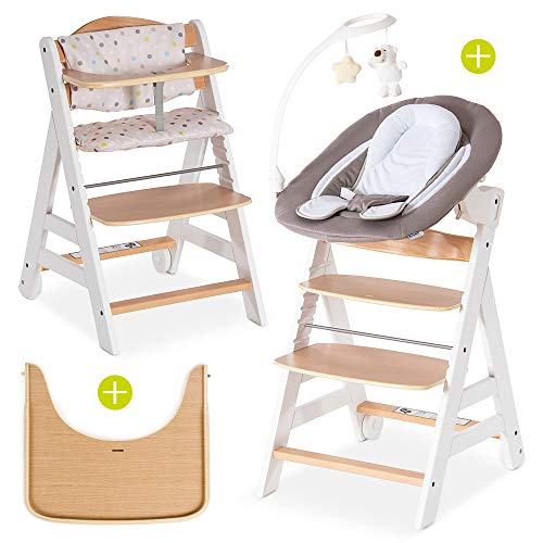 Hauck Beta Plus Newborn Set Deluxe - Trona evolutiva con Hamaca reclinable y móvil, cojín y bandeja - Trona bebe convertible- Silla Trona Madera haya - Blanco/Natural