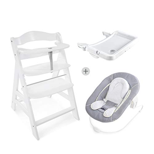 Hauck Newborn Set (3 Piezas): Trona en blanco + Hamaca (con cojin reductor liso) en gris + Bandeja en blanco