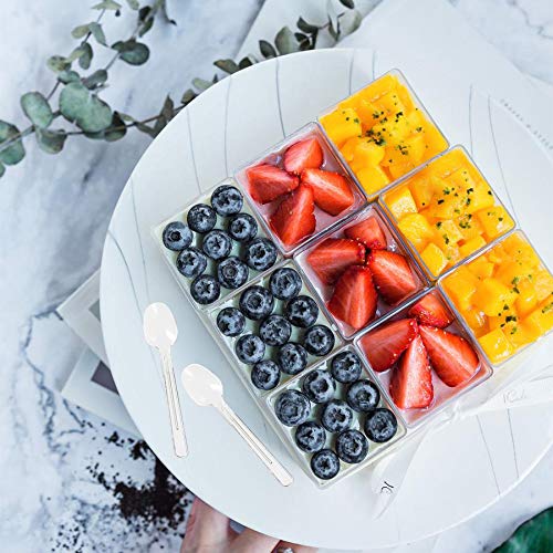 Hbsite 50 Piezas Tazas de Postre 3oz con cucharas Parfait de plástico Transparente Taza Cuadrada Tazón de porción desechable para degustación de Fiestas(3 oz-90ml)