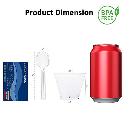 Hbsite 50 Piezas Tazas de Postre 3oz con cucharas Parfait de plástico Transparente Taza Cuadrada Tazón de porción desechable para degustación de Fiestas(3 oz-90ml)