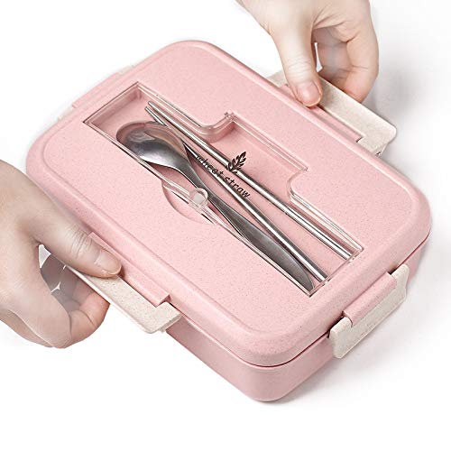HCTX Microondas Box Lunch Platos Palos Paja de Trigo Almacenamiento de Alimentos con una Cuchara de Platos Educación Infantil Autoridad Bento Box Niños,Blue