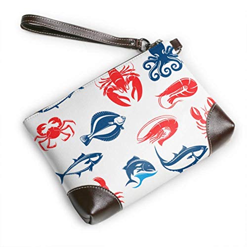 Hdadwy Bolso de mano, conjunto de iconos de mariscos, pescado, cangrejo, crustáceo, cuero, bolso de mano, cartera para mujer, bolso de noche para mujer, bolso de mano para teléfono inteligente