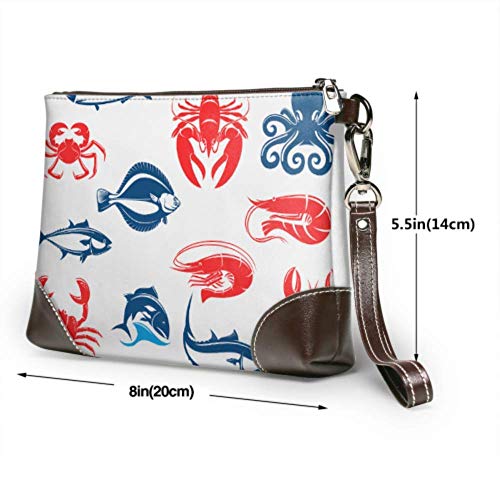 Hdadwy Bolso de mano, conjunto de iconos de mariscos, pescado, cangrejo, crustáceo, cuero, bolso de mano, cartera para mujer, bolso de noche para mujer, bolso de mano para teléfono inteligente