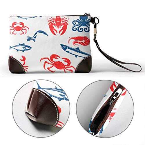 Hdadwy Bolso de mano, conjunto de iconos de mariscos, pescado, cangrejo, crustáceo, cuero, bolso de mano, cartera para mujer, bolso de noche para mujer, bolso de mano para teléfono inteligente