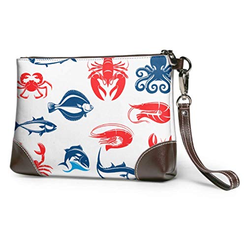 Hdadwy Bolso de mano, conjunto de iconos de mariscos, pescado, cangrejo, crustáceo, cuero, bolso de mano, cartera para mujer, bolso de noche para mujer, bolso de mano para teléfono inteligente