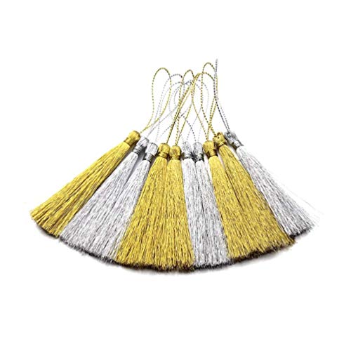 HEALLILY 30 Piezas Mini Borlas de Seda Borlas Hechas a Mano Borlas de Marcadores para Hacer Joyas Recuerdos de Fiesta Favores DIY Craft (Dorado Y Plateado)