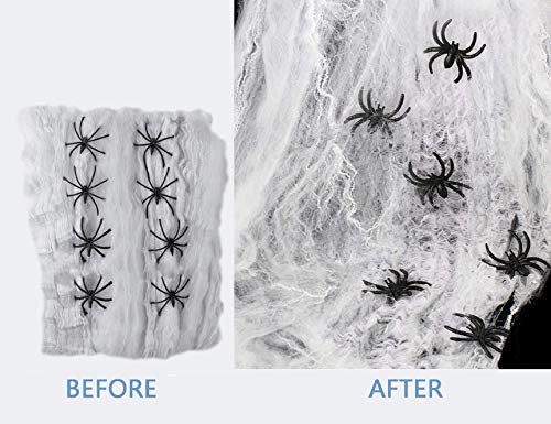heekpek 130g Tela de Araña con 16 Arañas Decoraciones de Halloween Telarañas Haunted House Arañas de Plástico de Halloween Negras para Materiales de Fiesta de Halloween o Disfraces (2 Sets)