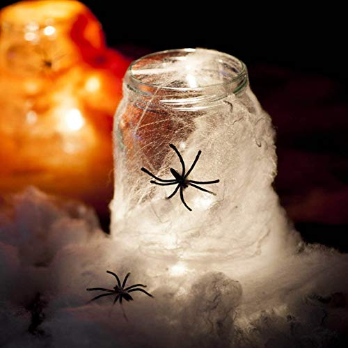 heekpek 130g Tela de Araña con 16 Arañas Decoraciones de Halloween Telarañas Haunted House Arañas de Plástico de Halloween Negras para Materiales de Fiesta de Halloween o Disfraces (2 Sets)