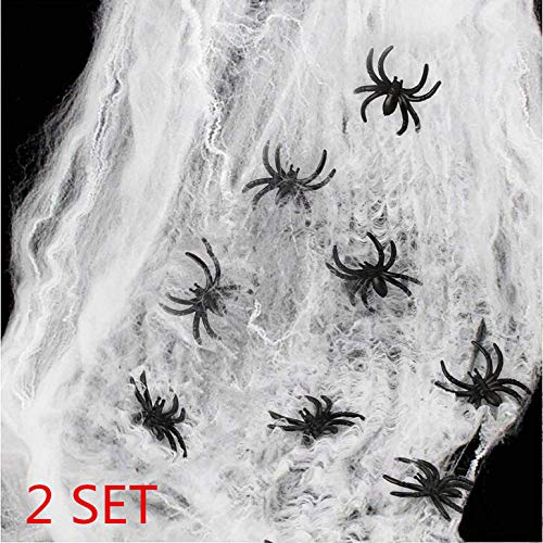 heekpek 130g Tela de Araña con 16 Arañas Decoraciones de Halloween Telarañas Haunted House Arañas de Plástico de Halloween Negras para Materiales de Fiesta de Halloween o Disfraces (2 Sets)