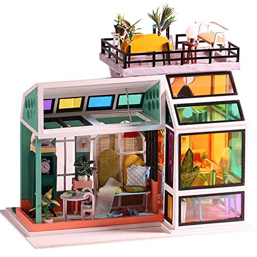 heirao4072 Rompecabezas Tridimensional de casa pequeña Modelo de micropaisaje Creativo y ensamblado a Mano de casa de Vidrio de Colores (con Manual en inglés, Cubierta Antipolvo, etc.)