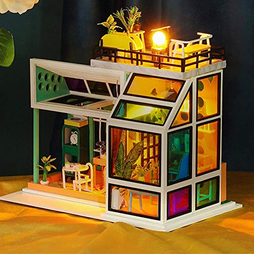 heirao4072 Rompecabezas Tridimensional de casa pequeña Modelo de micropaisaje Creativo y ensamblado a Mano de casa de Vidrio de Colores (con Manual en inglés, Cubierta Antipolvo, etc.)