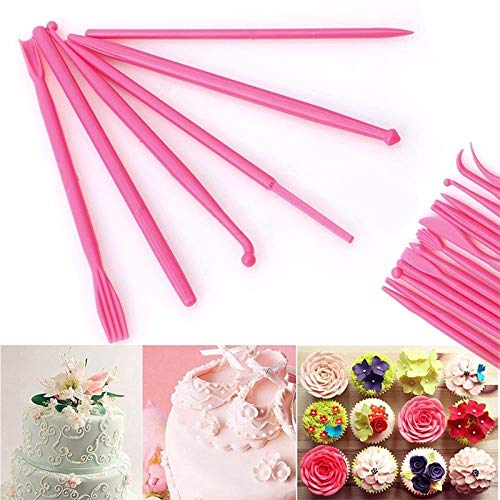 HEITIGN - Juego de 14 herramientas de modelado de pasteles, mini PP con doble punta para fondant, kit de bricolaje para moldear y esculpir tartas, fondant, decoración en relieve, color rosa