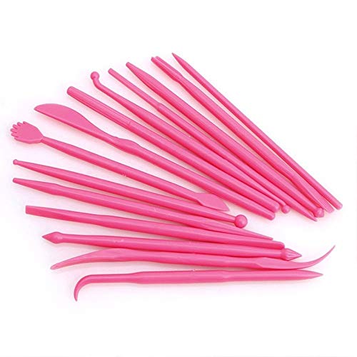 HEITIGN - Juego de 14 herramientas de modelado de pasteles, mini PP con doble punta para fondant, kit de bricolaje para moldear y esculpir tartas, fondant, decoración en relieve, color rosa