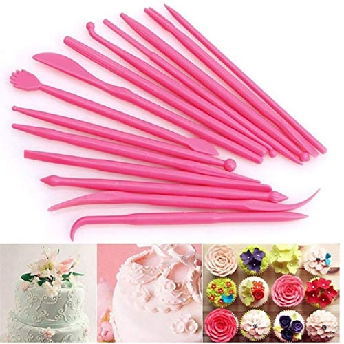 HEITIGN - Juego de 14 herramientas de modelado de pasteles, mini PP con doble punta para fondant, kit de bricolaje para moldear y esculpir tartas, fondant, decoración en relieve, color rosa