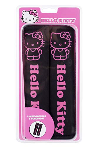 Hello Kitty KIT1035 Juego de 2 Almohadillas para cinturón de Coche Negras y Rosas universales