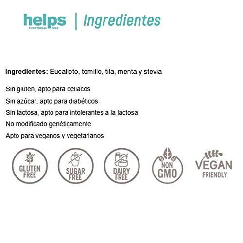 HELPS INFUSIONES - Infusión A Base De Eucalipto, Tomillo, Tila, Menta Y Stevia. Infusión Expecorante. Respiración, Tos Y Catarros. Helps Breathe. Caja De 16 Bolsitas.