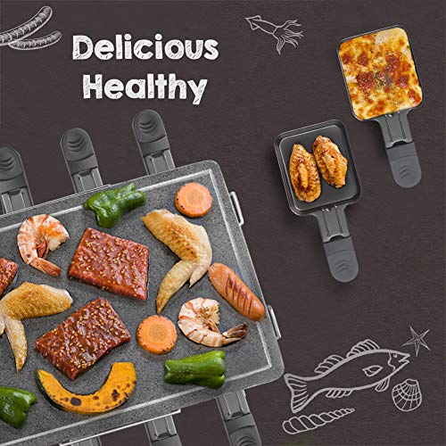 HengBO Raclette con Placa de Piedra Natural, 8 Mini Sartenes, Control de Temperatura Variable para 8 Personas, 1300W, Negro