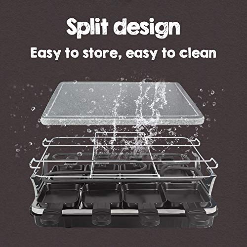 HengBO Raclette con Placa de Piedra Natural, 8 Mini Sartenes, Control de Temperatura Variable para 8 Personas, 1300W, Negro