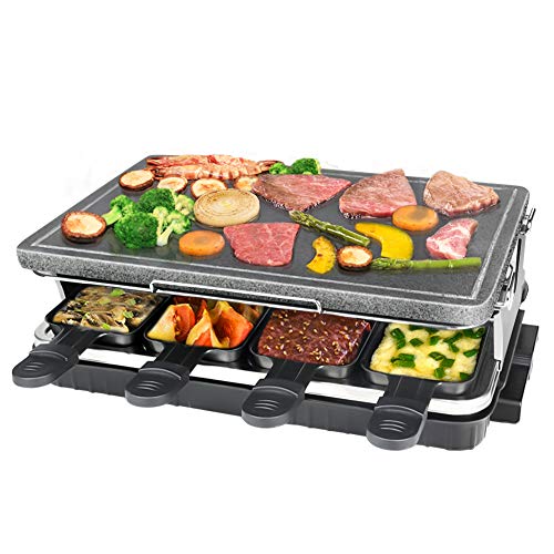 HengBO Raclette con Placa de Piedra Natural, 8 Mini Sartenes, Control de Temperatura Variable para 8 Personas, 1300W, Negro