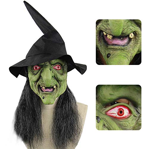 Heoolstranger Máscara Realista, Cabeza Verde Completa Látex Halloween para Adultos Y Cara Bruja Pelo Negro, Disfraz De Zombie Aterrador para Halloween, Navidad, Pascua, Juegos De rol