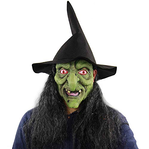 Heoolstranger Máscara Realista, Cabeza Verde Completa Látex Halloween para Adultos Y Cara Bruja Pelo Negro, Disfraz De Zombie Aterrador para Halloween, Navidad, Pascua, Juegos De rol