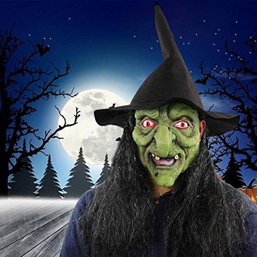 Heoolstranger Máscara Realista, Cabeza Verde Completa Látex Halloween para Adultos Y Cara Bruja Pelo Negro, Disfraz De Zombie Aterrador para Halloween, Navidad, Pascua, Juegos De rol