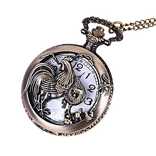 Heqianqian Relojes de Bolsillo Bronce Zodiaco en Relieve Personaje Hueco Gran Gallo Reloj de Bolsillo Pollo nostálgico Reloj de Bolsillo Grande para Hombres Mujeres (Color, Size : Free Size)