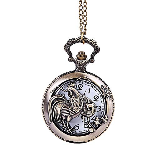 Heqianqian Relojes de Bolsillo Bronce Zodiaco en Relieve Personaje Hueco Gran Gallo Reloj de Bolsillo Pollo nostálgico Reloj de Bolsillo Grande para Hombres Mujeres (Color, Size : Free Size)