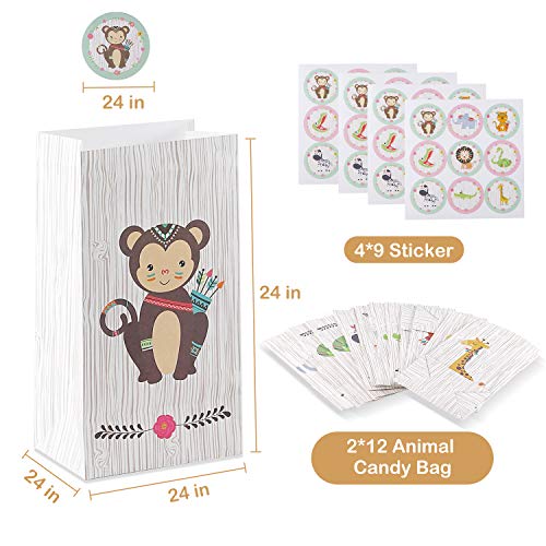 Herefun 24 Pcs Bolsas de Regalo de Papel, Bolsa Regalo Cumpleaños Animales, Caramelos Bolsas de Papel Regalo con Pegatinas para Cumpleaños, Boda, niños Fiestas, Navidad Regalo