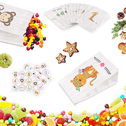 Herefun 24 Pcs Bolsas de Regalo de Papel, Bolsa Regalo Cumpleaños Animales, Caramelos Bolsas de Papel Regalo con Pegatinas para Cumpleaños, Boda, niños Fiestas, Navidad Regalo