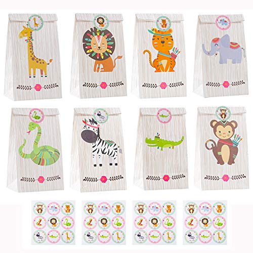 Herefun 24 Pcs Bolsas de Regalo de Papel, Bolsa Regalo Cumpleaños Animales, Caramelos Bolsas de Papel Regalo con Pegatinas para Cumpleaños, Boda, niños Fiestas, Navidad Regalo