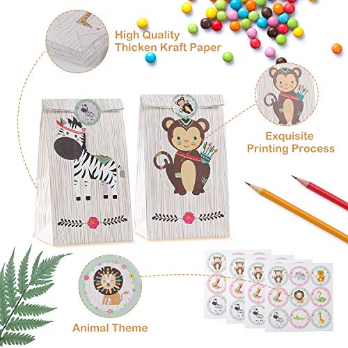 Herefun 24 Pcs Bolsas de Regalo de Papel, Bolsa Regalo Cumpleaños Animales, Caramelos Bolsas de Papel Regalo con Pegatinas para Cumpleaños, Boda, niños Fiestas, Navidad Regalo