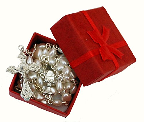 Hermoso color blanco corazón rosario en rojo caja de regalo – perfecto primera Navidad Rosario, bautismo, boda, compromiso, Memorial, aniversario, baby shower, 1st Navidad niños o niñas regalo