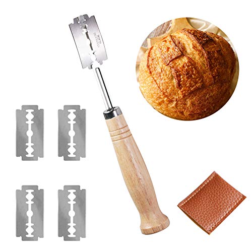 Herramienta de corte de pan,Pan cocido con 5 cuchillas y cubierta protectora de cuero, Herramienta de puntuación de pan, Cortador de pan hecho a mano para panaderos