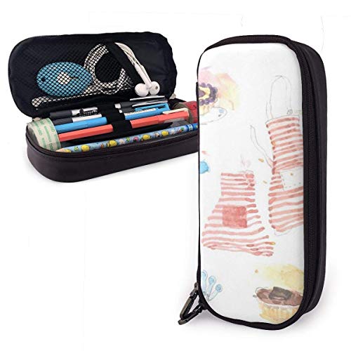 Herramientas de cocina de acuarela Estuche para lápices de cuero PU, organizadores de papelería duraderos para estudiantes con doble cremallera para la oficina de la escuela 1.5inx3.5x8 in