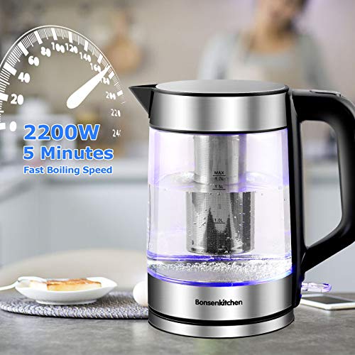 Hervidor de Vidrio de 1.7 L, Tetera de Cristal Eléctrico con Filtro de Acero Inoxidable e Iluminación LED, 2200 W, Apagado Automático y Sistema de Protección Contra la Ebullición en Seco, sin BPA