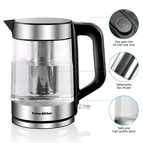 Hervidor de Vidrio de 1.7 L, Tetera de Cristal Eléctrico con Filtro de Acero Inoxidable e Iluminación LED, 2200 W, Apagado Automático y Sistema de Protección Contra la Ebullición en Seco, sin BPA