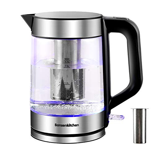 Hervidor de Vidrio de 1.7 L, Tetera de Cristal Eléctrico con Filtro de Acero Inoxidable e Iluminación LED, 2200 W, Apagado Automático y Sistema de Protección Contra la Ebullición en Seco, sin BPA