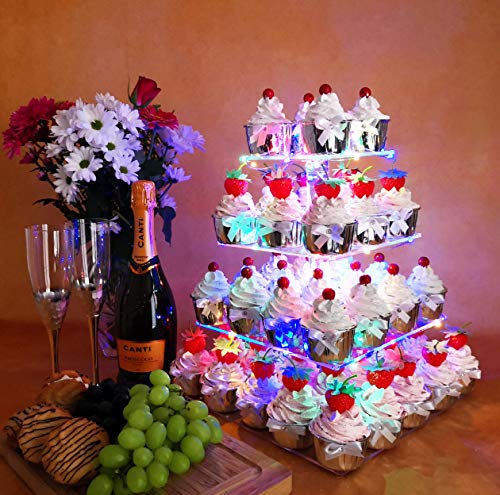 HEXNUB Soporte de 4 Plantas Niveles acrílico para Cupcakes Magdalenas Pasteles y postres Torre para Servir con Luces LED para Fiesta de Bodas cumpleaños Baby Shower meriendas (Multicolor)