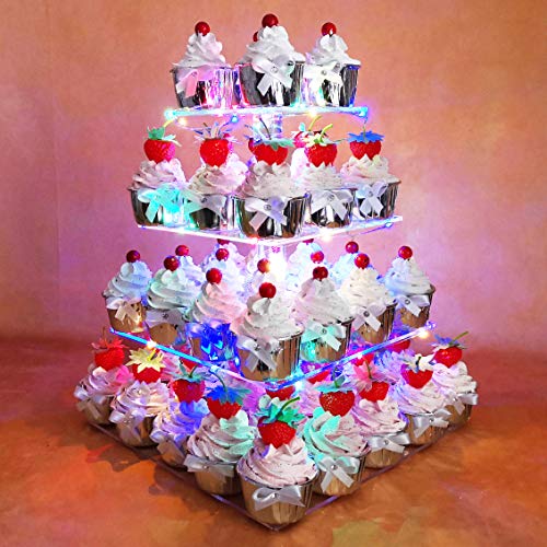 HEXNUB Soporte de 4 Plantas Niveles acrílico para Cupcakes Magdalenas Pasteles y postres Torre para Servir con Luces LED para Fiesta de Bodas cumpleaños Baby Shower meriendas (Multicolor)