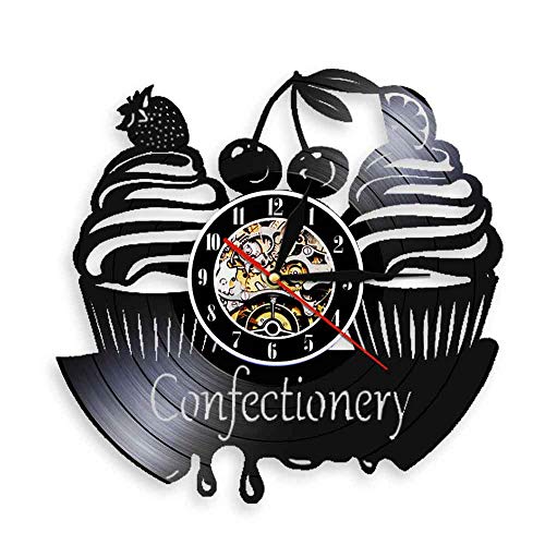 HFWYF 12 Pulgadas Personalizable Candy Business Letrero de Pared Moderno Reloj de Pared Pastel de Caramelo Disco de Vinilo Reloj de Pared panadería Cherry Cake decoración Reloj