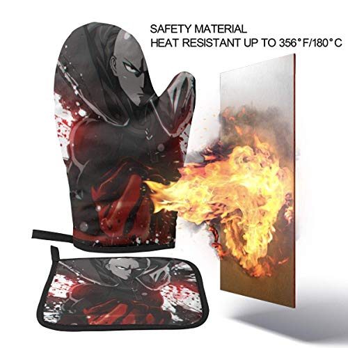 hgdfhfgd Juego de Mitones y Soportes para ollas Anime One Punch Man, Colgantes, Antideslizantes, Resistentes al Calor, Juego de 2 Piezas para Cocina, Barbacoa, Cocina, Hornear, Parrilla, Lavable