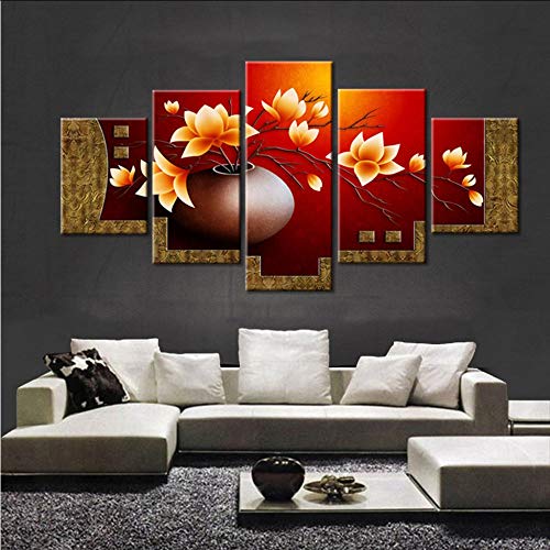 hhlwl HD Decoración Del Hogar Fotos Salón Moderno Cuadros de Lona 5 Panel Flores Pintura Impresa Arte de La Pared Modular Poster Frame -20x35/45/55cm-frame
