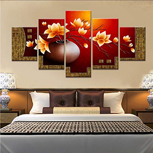 hhlwl HD Decoración Del Hogar Fotos Salón Moderno Cuadros de Lona 5 Panel Flores Pintura Impresa Arte de La Pared Modular Poster Frame -20x35/45/55cm-frame