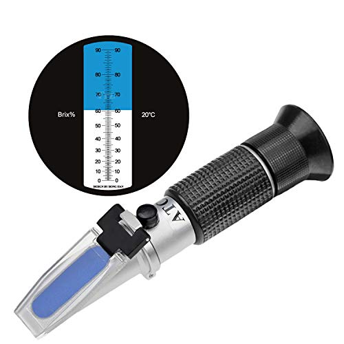 HHTEC Refractómetro 0 – 90% Brix, refractómetro Manual para determinar el Contenido de azúcar de Aceite Vegetal de Miel, Jarabe de melaza con función ATC e Instrucciones