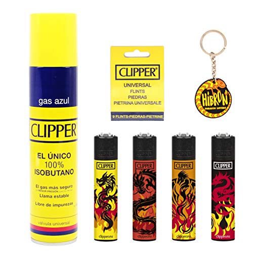 HIBRON Clipper 4 Mecheros Encendedores Diversos Surtidos Bonitos, 1 Carga Gas Encendedor Clipper 300 Ml,9uds De Piedra Clipper Y 1 Llavero Gratis 1-10003-5