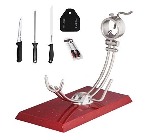 Hidalgo Soporte Jamonero Afinox con Base de Silestone Rojo Estelar + Cuchillos 3 Claveles + Regalo Cubre Jamón
