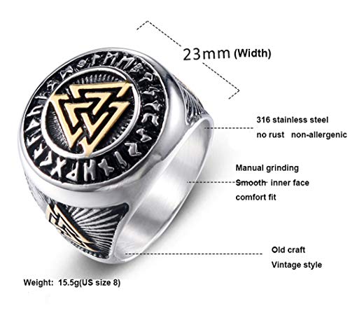 HIJONES Valknut Nórdico Vikingo Odin Anillo de Símbolo para Hombre Acero Inoxidable Guerrero Motorista Plata Tamaño 17