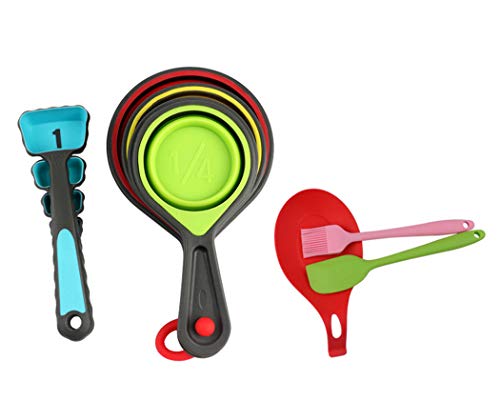 Hillento de silicona tazas de medir y cucharas establece, tazas de medir plegables establecen y fijan cucharas de medir, 11 conjunto pieza,la cocina y utensilios de cocina para hornear de preparación